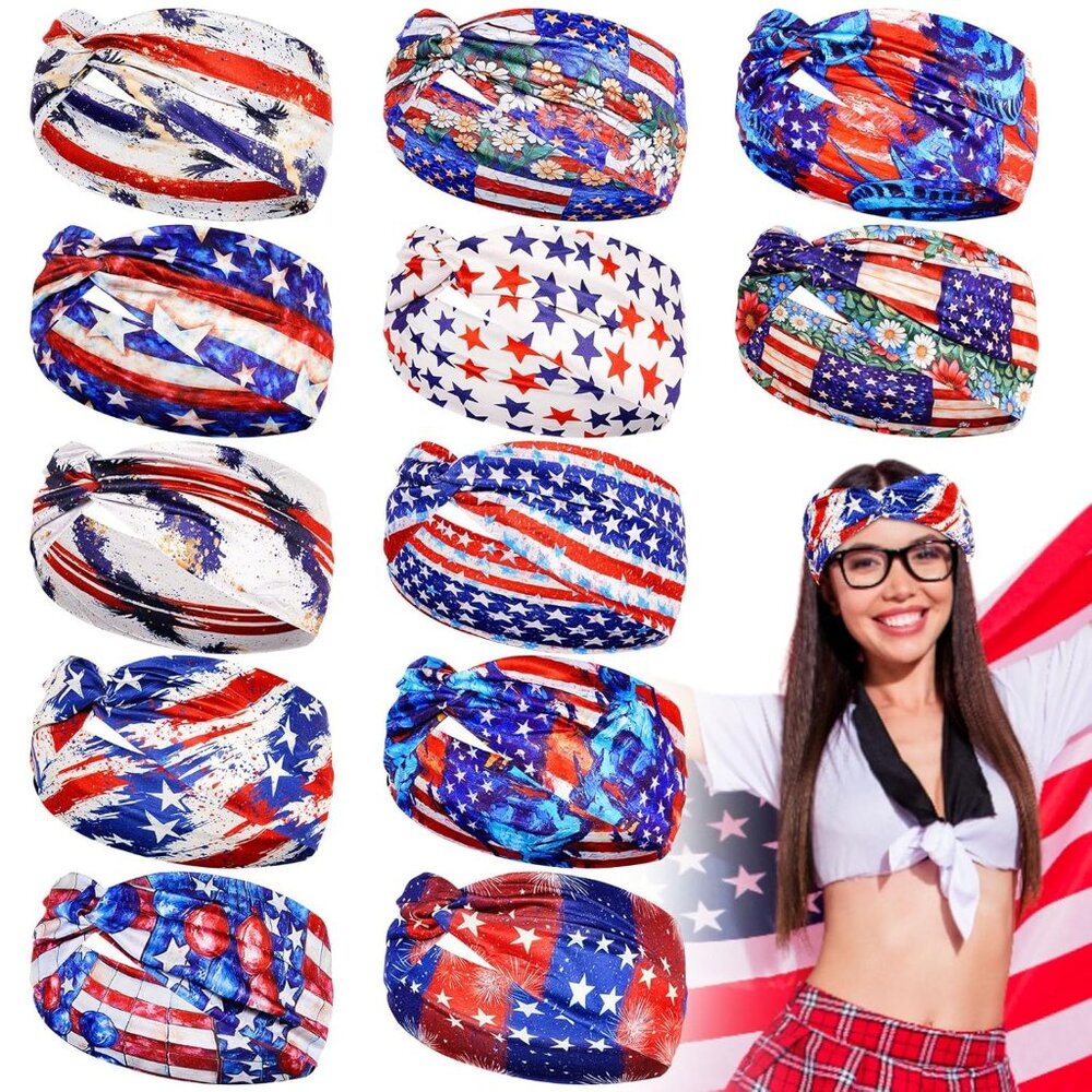 12 Pcs 4th of July Patriotic Hairband American Flag Headbands for Women Red Whit